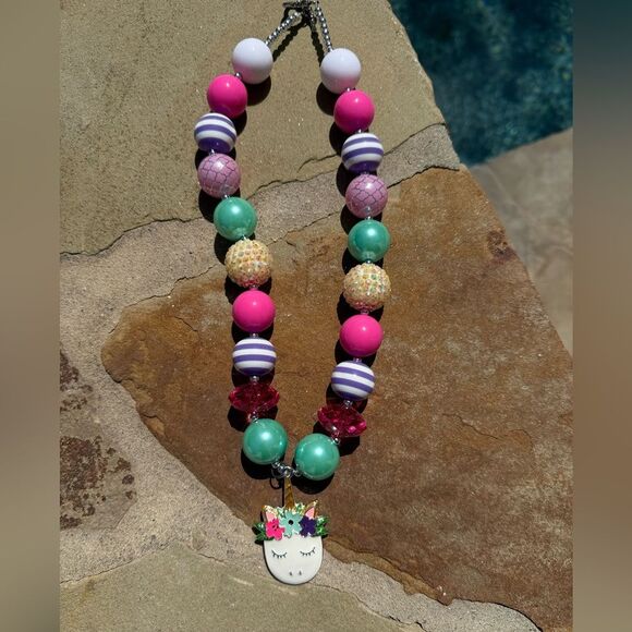 Pink Owl Jewelry - Unicorn pastel colored bubble gum necklace EUC